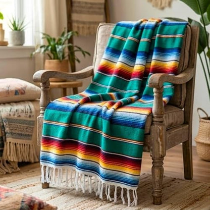 Striped Mexican Baja Blanket - Handmade Serape Throw in Soft Durable Woven Cotton Blend - Great for Beach, Yoga, Camping, Festivals and Home (Northern Lights (Teal)) - color: Northern Lights (Teal)