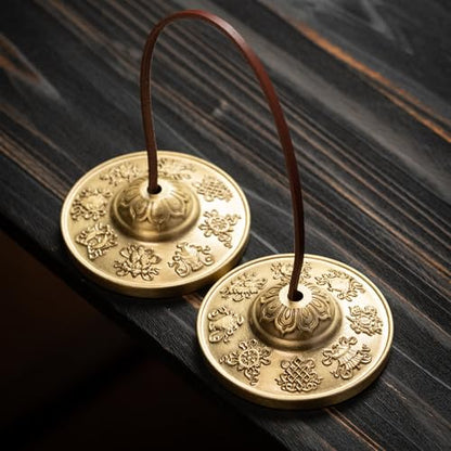 Tibetan Meditation Bell, Brass Tingsha Cymbals with Cloth Bag - size: Eight Symbols