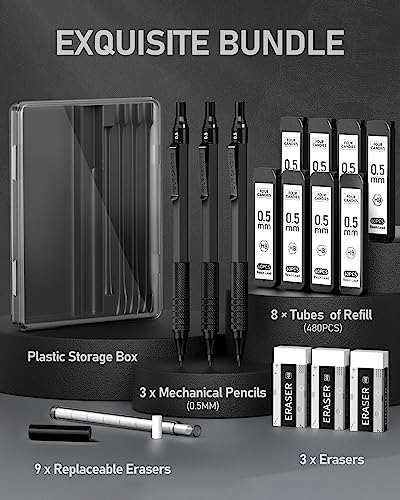 Four Candies Metal Mechanical Pencil Set with Case, 0.5mm, 3PCS, Black | 480PCS HB Lead Refills, 3 Erasers+9 Eraser Refills, Anti Grip, for Drafting, Engineering, Technical Drawing, Art Projects - color: Black, style: 0.5 MM