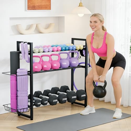 Weight Rack, 3-Tier Gym Organization for Home Gym with Shelf & Hooks
