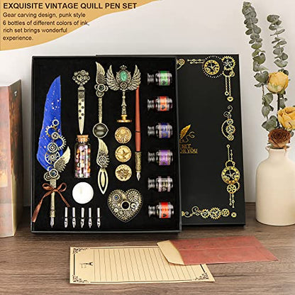 NC Quill & Feather Calligraphy Pen Set, Wax Seal Stamp - Valentine's & Birthday Gift, Ideal for Various Holidays (Blue) - color: Blue