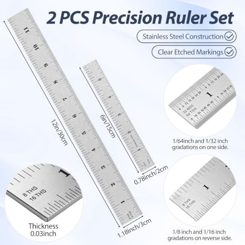 EBOOT 2 Pcs Stainless Steel Ruler Machinist Engineer Ruler with Markings 1/8, 1/16, 1/32, 1/64 Inch for Engineering, School, Office, Architect, and Drawing - size: 6 Inch, 12 Inc