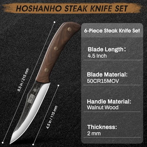 HOSHANHO Steak Knives Set of 6, Sharp 4.5" Non Serrated Steak Knife Set | Hand Forged High Carbon Steel Dinner Steak Knives with Full Tang Wood Handle, Gift with Men - size: 4.5"