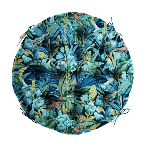 47" Round Tufted Floor Cushion, Thick Meditation Papasan with Ties - color: Blue Flower
