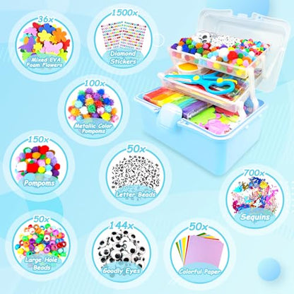 3000 Arts and Crafts Supplies for Kids Craft Kit Craft Box with Pipe Cleaners Arts and Crafts for Kids Age 4-6, 6-8, 8-12 DIY School Supplies Materials Set Toys Gifts for Girls Boys Toddlers, Blue - color: blue