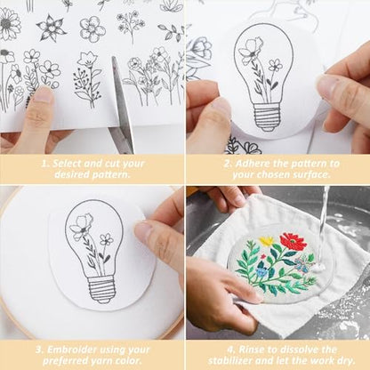 Stick & Stitch Embroidery Transfer Paper - Embroidery Paper Wash Away, 4 Sheet Water Soluble Stabilizer for Embroidery, Flower Frame Butterfly Mushroom Moon Arrow Flower, Hand Sewing Crafts - style: boho 1306