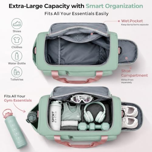 FIORETTO Women's Gym Duffle Bag with Shoes Compartment, 30L Capacity, Ideal for Travel, Gym, Sports, Duffel, Weekender - color: Green & Pink, style: Gym Bag