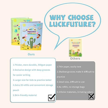 LUCKFUTURE Grooved Magic Copybook, Reusable Handwriting Practice | 5 Books Set with Pens, Preschool Learning Activities Workbook, Kindergarten Calligraphy Tracing for Kids Ages 3-7 - size: 5 Count (Pack of 1)