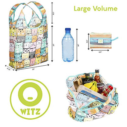 O-WITZ Reusable Grocery Bags | Vibrant Tote Bag For Groceries, Gym, Office, Beach Gear, Toys & More | Washable Design With Large Handles For Maximum Convenience | Folds Into A Small Pouch, Cat - color: Cat