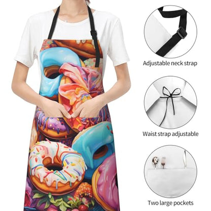 Artist Painting Apron with 2 Pockets Painters Art Aprons Gifts for Women Men - color: Colorful Donuts With Flowers