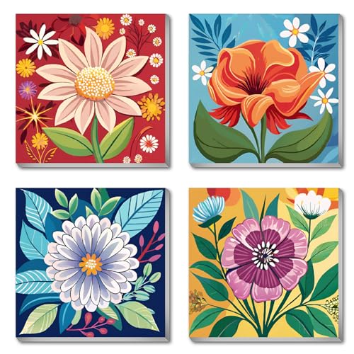 Canrichshop 4 Pack Framed Paint by Numbers Kit for Adults Beginner & All Ages 8-12 and More,Flowers Painting by Numbers, DIY Number Painting for Adults for Decor Present 8X 8 inch - color: BKH1721+BKH1722+BKH1723+BKH1724
