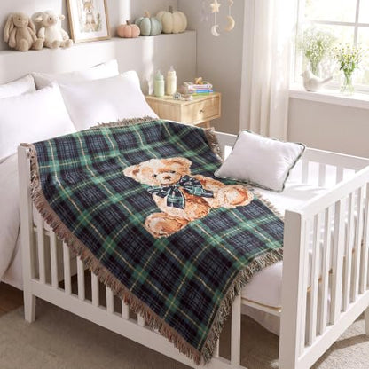 Moukeren 60 x 50 Inch Tartan Plaid Bear Baby Woven Tapestry Throw Blanket Green Blue Scottish Tartan Throw Blanket with for Office Bed Living Room Bedroom Sofa Chair Couch Crib - style: Tartan Plaid Bear Baby