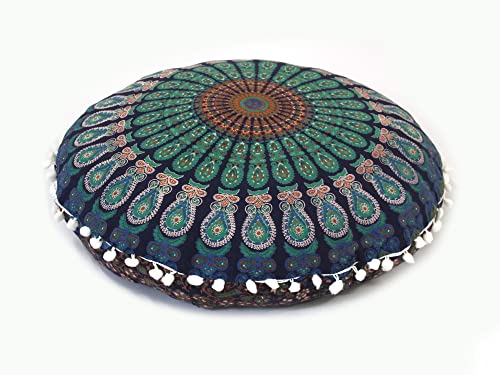 CRAFT KALA Large Hippie Floor Pillow Cover Mandala Meditation Cushion Case Pouf Cover Round Poufs Cover Bohemian Floor Cushion Cover Outdoor Fireplace Yoga Living Room Decor 32" Blue Mirchi - color: Blue Mirchi