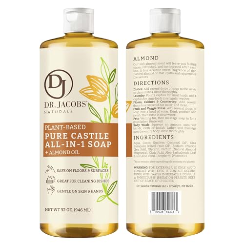 Dr. Jacobs Naturals Almond Castile All-in-One Cleaner and Soap - Plant-Based Formula for House Cleaning Floors and Appliances - Gentle on Skin and the Planet - 32 oz, 2 Pack - size: 32 Fl Oz (Pack of 2), style: Almond