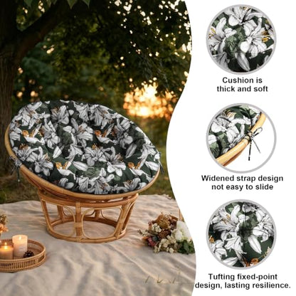 47" Round Tufted Floor Cushion, Thick Meditation Papasan with Ties - color: White Flowers