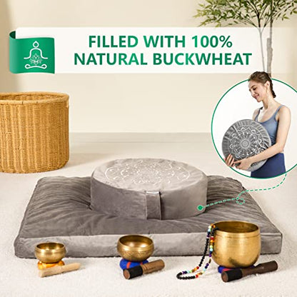 Hihealer Meditation Cushion, Traditional Tibetan Meditation Pillow Velvet Cover - Large Floor Cushion Seating for Adults - Yoga Buckwheat Bolster for Women、Moms | Buckwheat Yoga Bolster, Large Floor Cushion & Pillow for Adults, Zafu Zabuton Set, Zen Medit