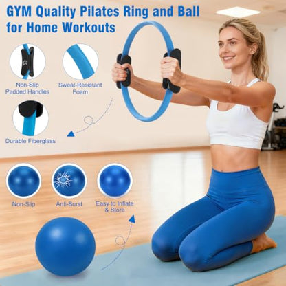 Pilates Kit Equipment, Pilates Ring and Ball for Women Home Workout | Pilates Set with 14'' Magic Circle, Wrist Weights, Resistance Bands, Yoga Strap, Socks, Bag, Essentials Accessories Kit - color: Blue