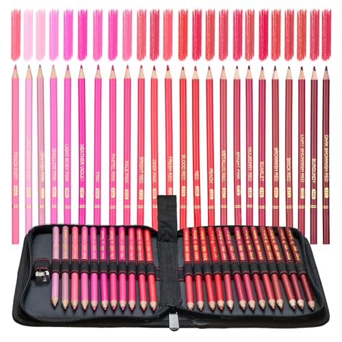 Red Pink Colored Pencils,Oil Based Wooden Colored Pencil Set for Adults Coloring Books Drawing Sketching Art Supplies 24 Color - color: Red