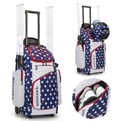 KAVIGOR Rolling Baseball Bag with Wheels, 60L Capacity Softball Bag Holds 4 Bats for Boys and Girls, Youth Equipment Bag with Shoe Compartment - color: Red White & Blue