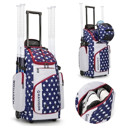 KAVIGOR Rolling Baseball Bag with Wheels, 60L Capacity Softball Bag Holds 4 Bats for Boys and Girls, Youth Equipment Bag with Shoe Compartment - color: Red White & Blue
