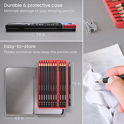 ARTEZA Drawing Sketch Pencils Set of 12, Graphite Pencils 6B to 4H, Pre-Sharpened Art Pencils in Metal Tin for Sketching, Shading, Drawing, Blending, and Detail Work