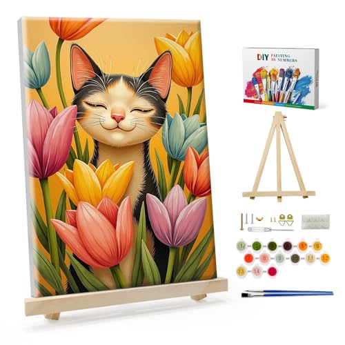 SparkGlow Cat and Flowers Adults Paint by Numbers Kit with Frame | 12×8 Inch Framed Number Painting | Premium Materials | Include Easel | Rich Colors | Gifts |Wall Decoration - color: Cat021