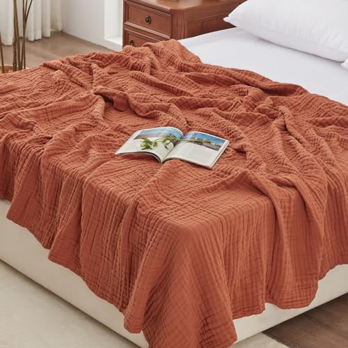 Love's cabin 100% Cotton Muslin Blanket, 6 Layer Lightweight Breathable Gauze King Size Blanket 108 x 90 Inches, Soft Summer Blanket for Bed, Orange - color: Orange, size: King(108"x90")