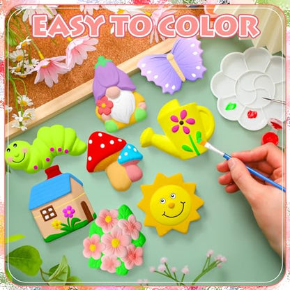 Simgoing 24 Sets Ceramic Painting Kit with Paints Brushes Magnets | Ready to Paint Ceramics Painting Crafts Arts Set with Soft Magnetic Strips for Kids DIY Assorted Shapes Like Flowers Animals - style: Spring