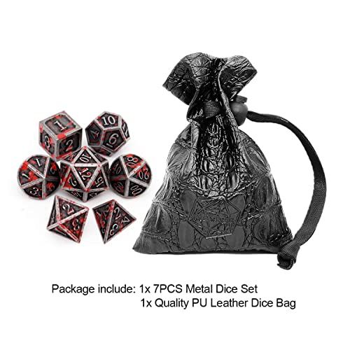 Haxtec Metal DND Dice Set, 7 Pcs Bloodstained Polyhedral Dice for RPG | Blood D&D Dice with Leather Bag, Compatible with Dungeons and Dragons, Heavy Metallic, Halloween Dice, TTRPG Gifts - color: Iron Red