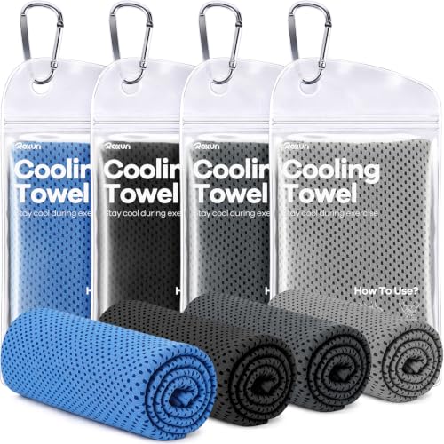 ROXUN Cooling Towels, 4 Pack (40''x12'') Chilly Ice Rags for Neck and Face | Gray+Dark Gray+Blue+Black, Soft Breathable, Sports and Outdoor Workouts, Comes with Storage Bags & Carabiners - color: Gray+dark Gray+blue+black