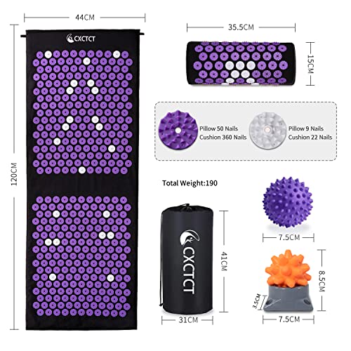 Purple Yoga Massage Mat Set,Acupuncture Magnetic Mat and Pillow - Extra Long & Large Back & Neck Pain Relief - color: Purple
