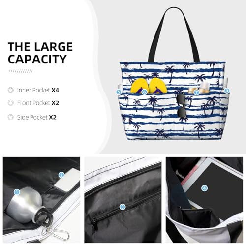 Large Beach Bag for Women Waterproof Foldable Travel Shoulder Tote Bag with Pocket for Weekender Pool Vacation - color: Palm White