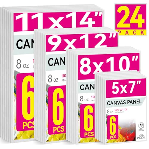 PHOENIX 24 Pack Canvases for Painting - 5x7, 8x10, 9x12, 11x14 Inch, 8 Oz Triple Primed 100% Cotton Flat Canvas Boards White Blank Canvas Panels Multi Size Bulk Pack for Acrylic & Oil Paints - color: White, size: 5"x7" 8"x10" 9"x12" 11"x14"
