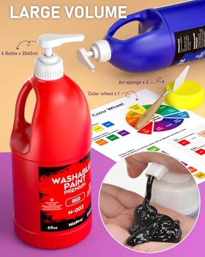 Nicpro 6 Colors Large Washable Paint Set (69 oz, 2040ml), Acrylic Bulk Paint Supplies Non Toxic Children Tempera Paint for Art, Craft DIY, Poster & Finger Paint, School, Home,Classroom | Paint Supplies Non Toxic Children Tempera Paint for Art, Craft DIY,