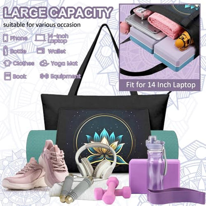 Yoga Bag for Women, Large Canvas Yoga Mat Tote Bag with Yoga Mat Carrier | Large Mat Pocket Fitness Tote for Pilates, Gym, Travel, Office & Beach - color: Black Lotus