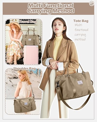 Travel Duffel Bags for Women Mens Waterproof Weekender Carry on Bag Sports Gym Bag Travel Tote Bags with Wet Pocket Overnight Bag Workout Duffel Bags with Trolley Sleeve Khaki - color: F8-Khaki
