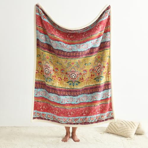 Boho Chic Sherpa Fleece Throw Blanket with Ultra-Soft Cozy Lining,Bohemian Patterned Throws for Sofa,Couch,Bed - color: Boho-red, size: 50" x 60"