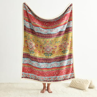 Boho Chic Sherpa Fleece Throw Blanket with Ultra-Soft Cozy Lining,Bohemian Patterned Throws for Sofa,Couch,Bed - color: Boho-red, size: 50" x 60"