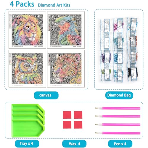 UiSdfuy Diamond Art Kits for Kids, Arts & Crafts Ages 8-12,Diamond Art for Boys Girls,Gem Art 4 Pack Diamond Painting 6"x 6" - Lion Owl Leopard Parrot - color: 4-Lion