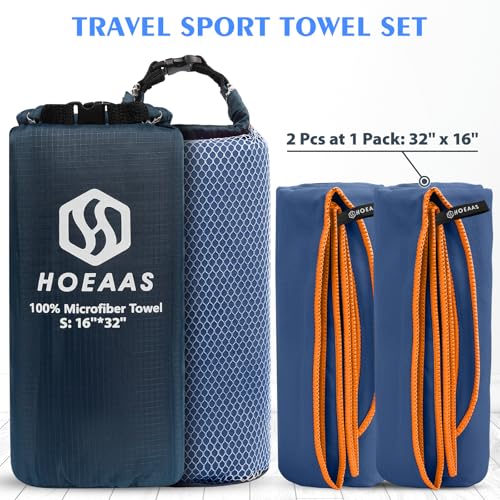 HOEAAS 2 Pack Microfiber Camping Towels, Quick Dry Towel, Super Absorbent Ultra Compact Travel Towel Soft Lightweight Sports Towel for Sweat Fast Drying Towels for Pool,Gym,Hiking,Backpacking,Fitness - color: Navy Blue, size: S: 32" x 16"+32" x 16"