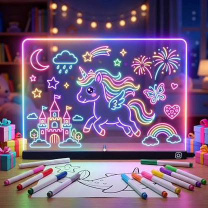 16" LED Drawing Board for Kids, Light Up Glow Doodle Pad with 12 Markers, Tracing Book & Cleaning Cloth, USB-C Acrylic Dry Erase Note Board Toy Gifts for Girls Boys Age 3-12