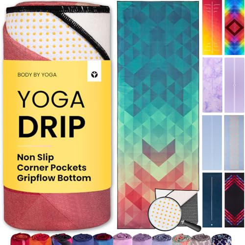 Yoga Drip: Hot Yoga Towel – Non Slip Yoga Mat Towel with Corner Pockets, Silicone Grip Dots & Subtle Alignment Lines | Sweat Absorbent, Moisture Wicking, Quick Dry | No Bunching or Sliding | 72” x 26” - color: Pheonix Rising