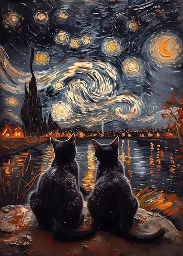 DAZZLEDOTS Starry Night Black Cat Diamond Painting Kit Round Diamond Art | 5D DIY Full Drill Diamond Dots for Adults Beginner, Diamond Paintings for Home Wall Decor Gift 12X16 Inch - color: DT060