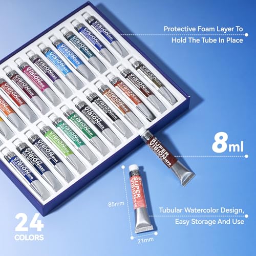SUPER VISION Watercolor Paint Set Master Artist Grade, 24 Colors x 8ml Watercolor Paint Tubes, Professional Watercolors Made from Mineral Pigments and Gum Arabic