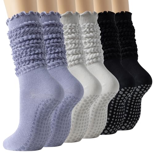 Pilates Grip Socks for Women, Non Slip Scrunch Yoga Socks for Home, Workout - color: 3pairs-black+lightgrey+purple