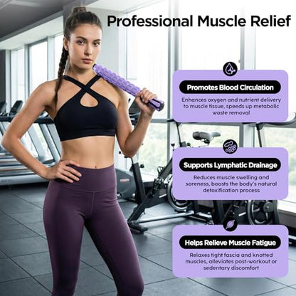 Muscle Roller & Massage Roller Stick for Athletes - Lymphatic Drainage Support, Relieves Muscle Soreness, Cramping & Tightness - Targets Legs, Arms, Back & Calves （Purple Wheel） - color: Purple
