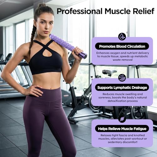 Muscle Roller & Massage Roller Stick for Athletes - Lymphatic Drainage Support, Relieves Muscle Soreness, Cramping & Tightness - Targets Legs, Arms, Back & Calves （Purple Wheel） - color: Purple