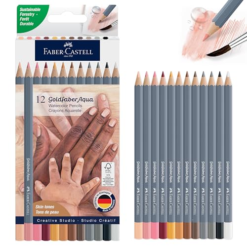 Faber-Castell Goldfaber Aqua Watercolor Pencils: Skin Tone Colored Pencils for Portraits, Dual Use Wet or Dry, Break-Resistant Cores, Art Supplies for Teens & Adults (12 Count)