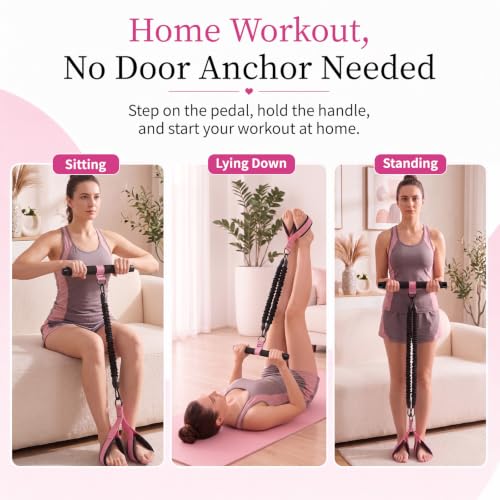 3-Tube Pedal Resistance Band with Handles, 90lbs Peak Resistance | Nylon-covered straps prevent snap injury. Padded pedals & non-slip grips ensure comfortable full body exercises. Beginner gym - color: Black/Pink