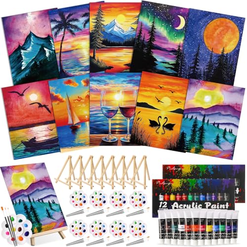 Ctosree 72 Pcs Colorful Sky Paint and Sip Kit for Adults 8'' x 10'' Pre Drawn Canvas for Painting DIY Pre Printed Canvas for Party Favor Afro Acrylic Painting Kit Wood Easel Brushes Date Night Bulk - style: Colorful Sky